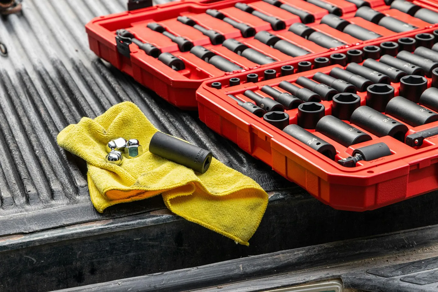 Socket set laid out in the back of a service vehicle